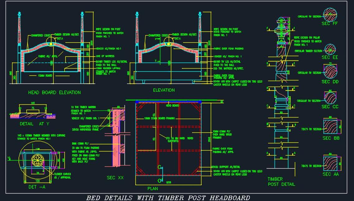 Double Bed DWG Complete Design with Timber Post Headboard